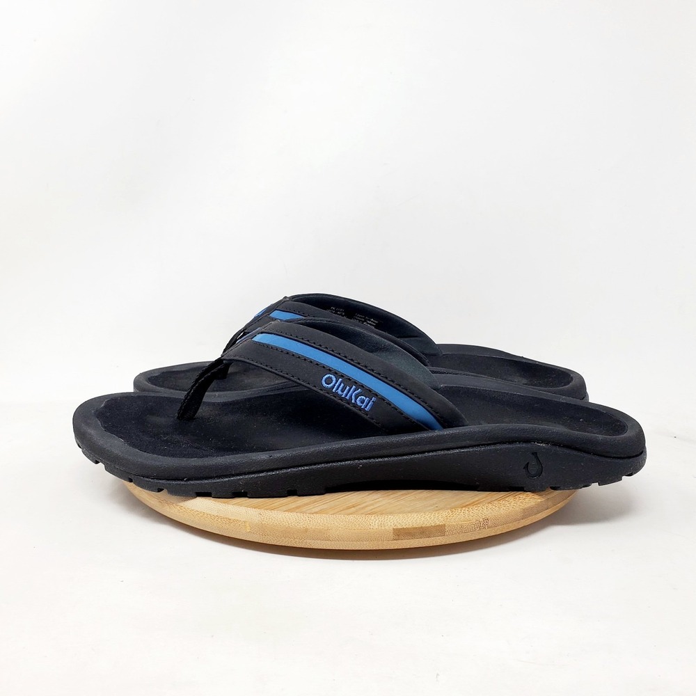 Olukai Ohana Palua Sandals Mens 9 Black Blue Flip Flop Thong Pool Beach Shoes